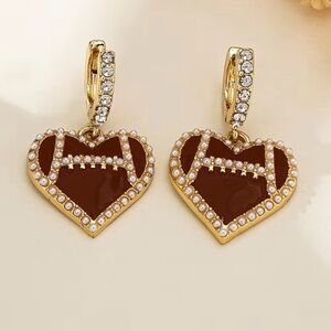 Gold and Brown Football Heart Rhinestone Earrings
